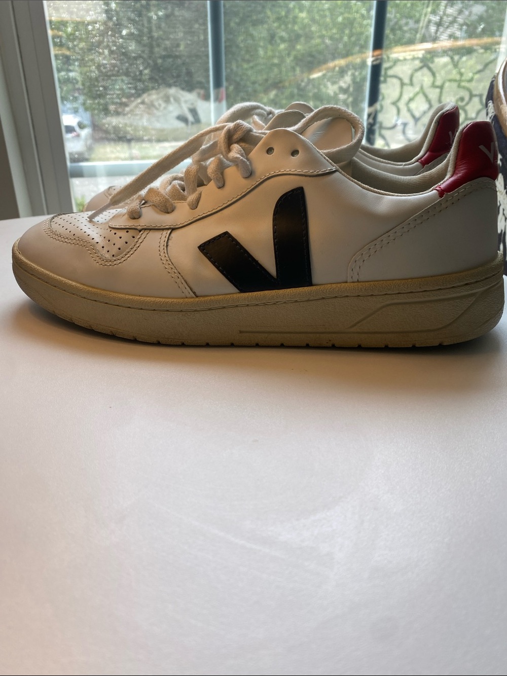 Veja White Leather Sneakers with Black V and Red Heel Tab